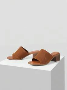 MOTF Sandalias de tacón alto de unicolor para mujer, de estilo casual, con un solo pieza y tacón cuadrado tejido en color camello, para el verano - Camel - Ver 4