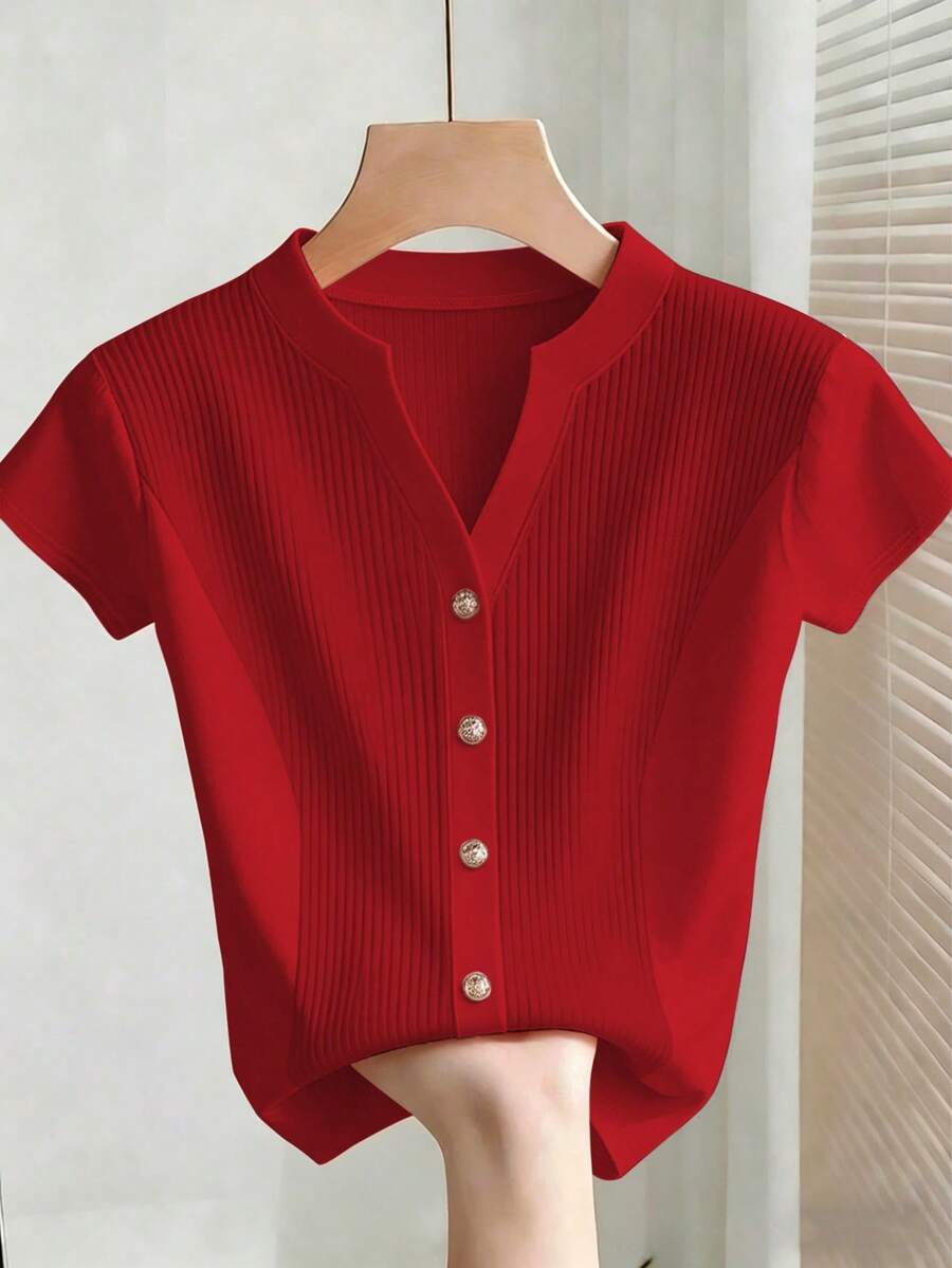 SHEIN Franclia 女士休闲开襟纯色T恤 - 紅色 - 查看 1