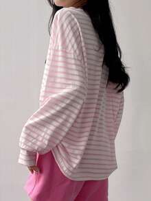 DAZY Women Striped Drop Shoulder Tee Long Sleeve Women Tops,Fall Women Clothes - Pink - View 2