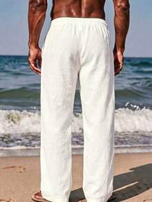 VENTUSAIL Men's Linen Solid Color Knotted Casual Vacation Pants - White - View 2