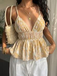Flirla Atasan Camisole Wanita Kasual Liburan Musim Panas Motif Bohemian Tanpa Punggung dengan Hem Berumbai - Kuning - View 8