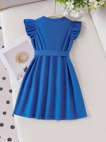 SHEIN Elladie kids Đầm tay ngắn màu xanh hải quân, kiểu dáng thanh lịch và duyên dáng dành cho phụ nữ và bé gái, trang phục mùa hè thời trang. - Màu xanh lam - Xem 2