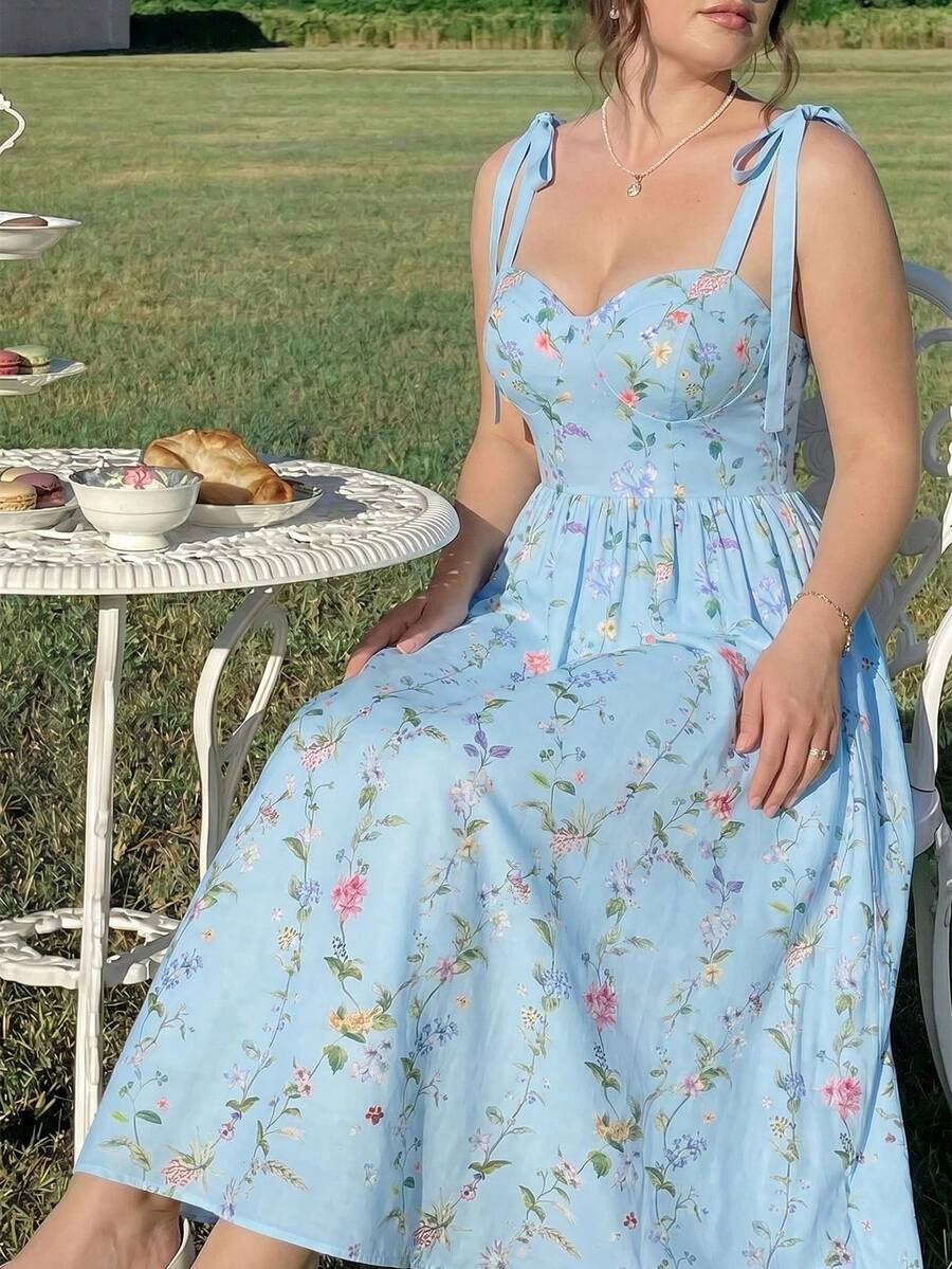 SHEIN MOD 大码女式碎花系带露肩优雅中长连衣裙,适合度假、夏季、休闲穿搭、复古风、乡村风、外出、教师装、约会、野餐、派对、舞会、节日、生日等场合,也可作为田园风、下午茶、挤奶女工风、法式风或碎花连衣裙穿着。 - 藍色 - 查看 1