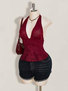 SHEIN ICON Y2k 女士黑色性感哥特风露背俱乐部演唱会蕾丝吊带深V领收腰A字露背吊带衫，夏季 - 酒紅色 - 查看 5