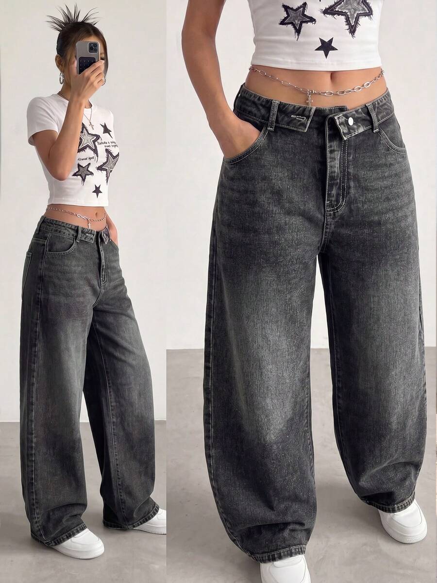 SHEIN Quần jeans ống rộng cạp thấp màu xám bạc phong cách Y2K dành cho nữ tuổi teen. Thiết kế cạp quần gập độc đáo, chất liệu cotton mềm mại, phù hợp cho mặc hàng ngày, dạo phố, dã ngoại, dự tiệc. Hàng mới về. - Màu xanh lam - Xem 1