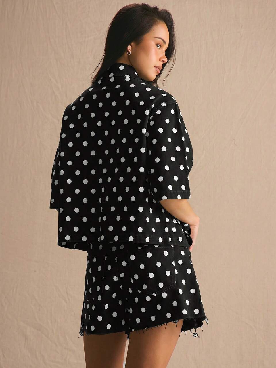 Black Polka Dot Denim Oversized Co-Ord Top