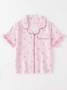 2件組少女睡衣，粉嫩粉色條紋仙女夏季睡衣，家庭款柔軟荷葉邊翻領上衣與長褲睡衣套裝 - 淺粉色 - 查看 6