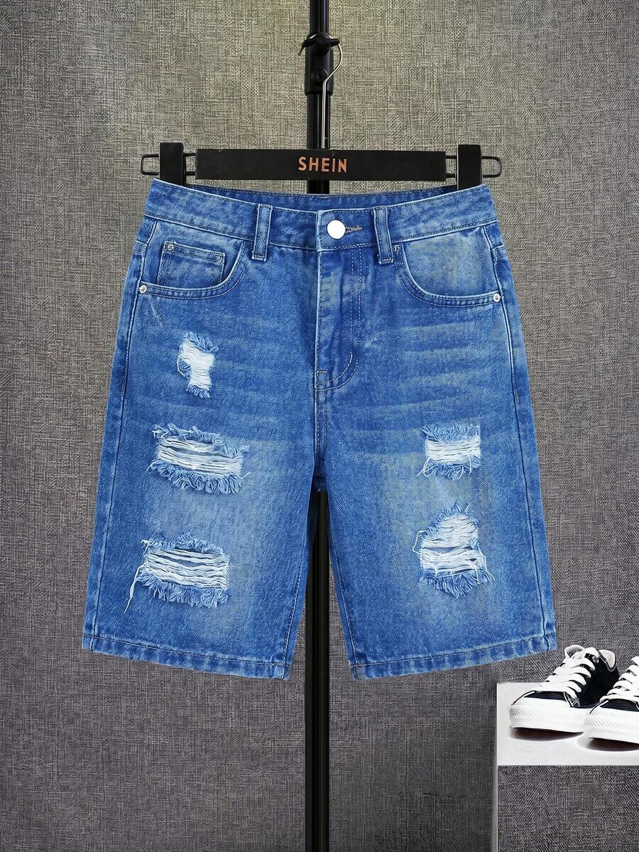 SHEIN Tween Boy Casual Fashionable Street Style Distressed Denim Shorts, Suitable For Daily Wear - Medium Wash - View 1