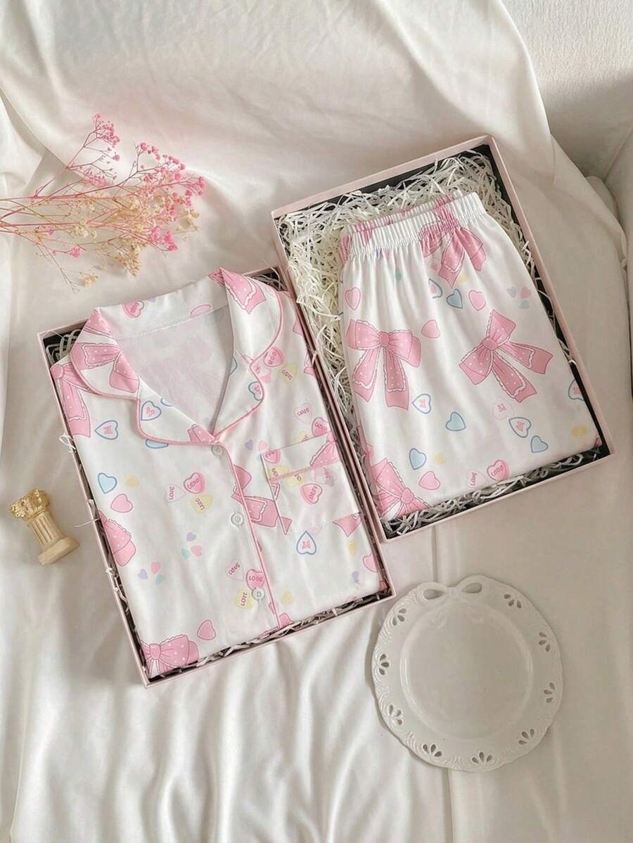 Bộ đồ ngủ tay ngắn và quần short in hình nơ và trái tim dễ thương - Nhiều màu - Xem 1