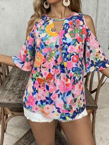 Comfylo Blusa casual versátil de uso diario con estampado floral y hombros descubiertos para mujer de talla grande - Multicolor - Ver 6
