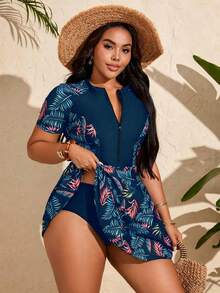 Swim Mulvari Bộ đồ bơi một mảnh kín đáo cho nữ size lớn, họa tiết lá cây, có khóa kéo - Màu xanh lam - Xem 4