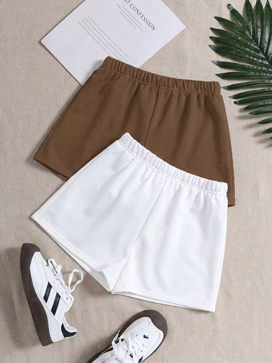 2pcs Tween Girls' Casual Solid Color Knit Wide Leg Shorts - Multicolor - View 1