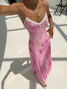 Aloruh New Romantic Bohemian Floral Mesh Print Patchwork Shell Ribbon Waist Maxi A-Line Dress,Dresses For Women Summer - Pink - View 4