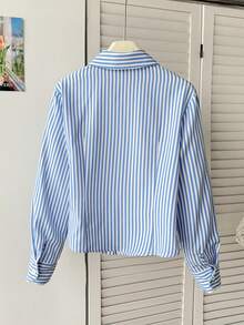 SHEIN 青少年女孩休閒日常百搭舒適翻領馬匹圖案刺繡襯衫 秋冬款 - 藍白色 - 查看 9