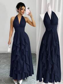 Rafferiza Women Navy Blue Summer Elegant Dining Wedding Guest Graduation Birthday Dresses Boho V-Neck Halter Multi-Layered Ruffled Bow Long Maxi Dress Outfit - Navy Blue - View 6