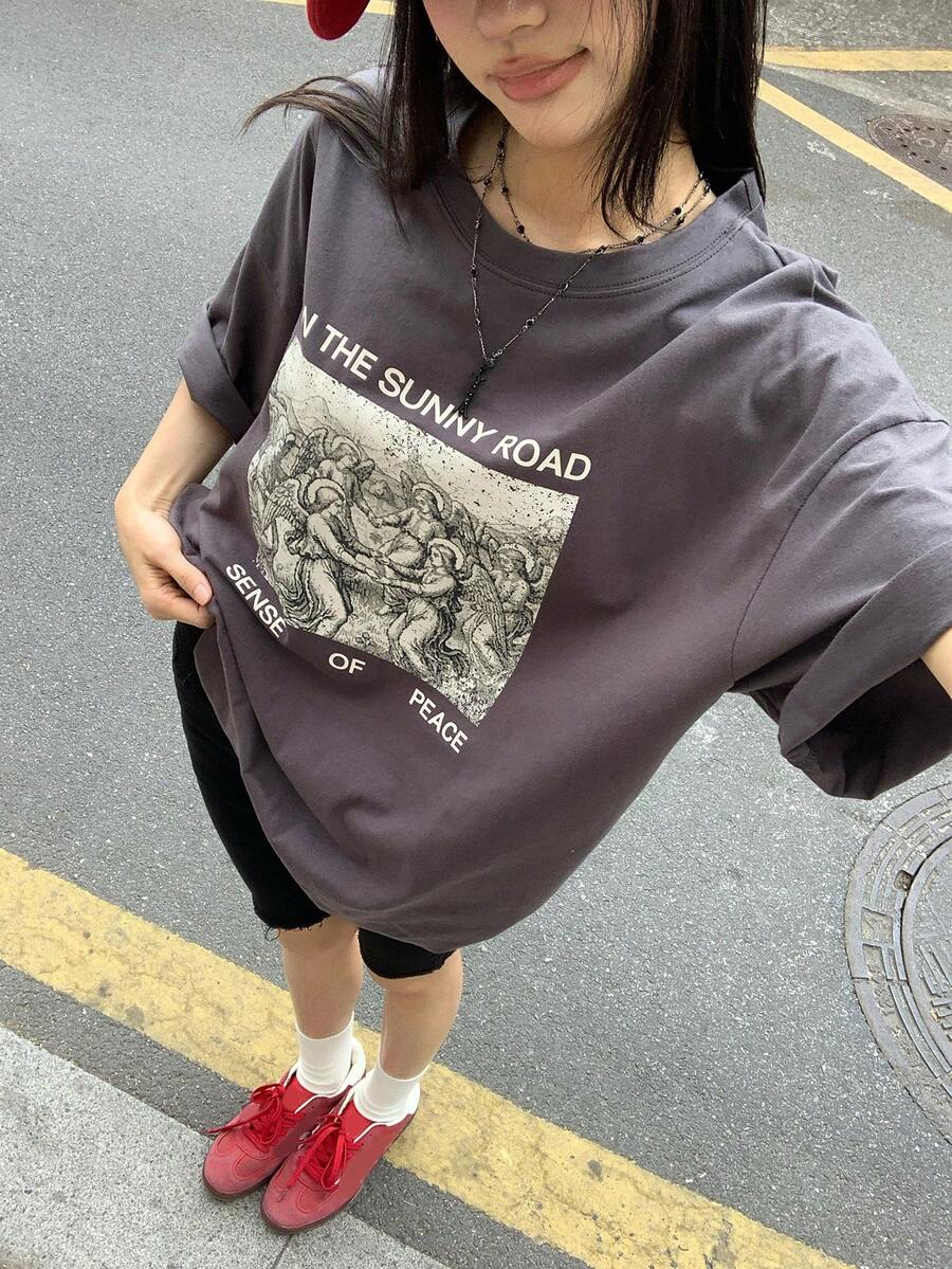 DAZY 女士圓領印花休閒街頭風短袖T卹 夏季寬鬆圖案T卹 旅行 深灰色 - 灰色 - 查看 1