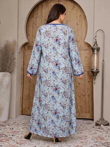 Al Najma Plus Size Women Elegant Floral Print Patchwork Belted Arabic Style Dress - Blue - View 2