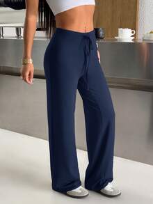 SHEIN EZwear 2件套女士休闲双色抽绳腰弹力直筒裤套装 - 藏蓝色 - 查看 3