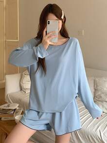 DAZY Women's Solid Color Minimalist Long Sleeve Top And Shorts Pajama Set - Blue - View 3