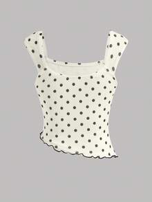 SHEIN Girlism Tween Girls' Casual Polka Dot Print Contrast Ribbon Decor Asymmetric Hem Camisole And Tulip Hem Skirt Set - Beige - View 6