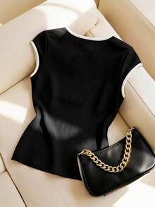 Franclia Áo croptop tay ngắn kiểu Trung Quốc mới, phối màu tương phản, thắt dây, dành cho nữ, chất liệu jacquard, xuyên thấu, ôm sát, gợi cảm. - màu đen - Xem 2