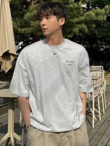 DAZY 男士棕榈树印花圆领短袖休闲通勤T恤，夏季度假图案T恤 - 灰色 - 查看 4
