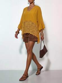 Zivah Blusa holgada de mujer con cuello en V, mangas con volantes y encaje de contraste - Mostaza Amarilla - Ver 7