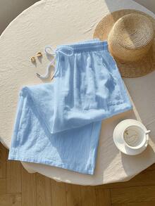 Comfortcana Quần dài nữ cỡ lớn màu xanh dương kiểu dáng thường ngày, thời trang mùa hè, 100% cotton. - Màu xanh lam - Xem 3