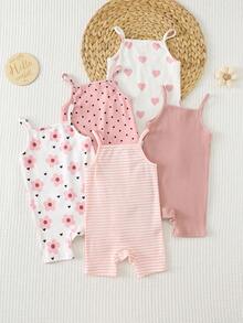 Cozy Pixies 5件套女婴夏季针织爱心、花朵、波点纯色休闲针织连体衣，适合夏季、室内、室外、度假及任何场合。 - 彩色 - 查看 5