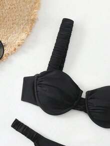 Swim Vcay Conjunto de bikini de unicolor para playa de verano con soporte de aro - Negro - Ver 5