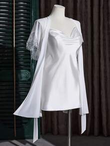 SilkySpell Plus Size White Mesh Lace Robe Set, Sheer Lightweight Sleepwear, Unique Design With Side Slits And Eyelash Suitable For Bride, Bridesmaid, Vacation - White - View 7