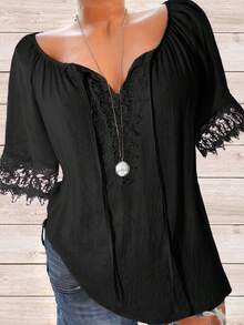 SHEIN LUNE CURVE Plus Size Women Fashion Resort Textured Lace Patchwork Tie Front Shirt - Black - View 1