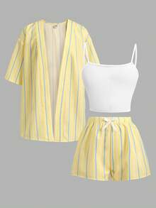 SHEIN Bộ đồ hè thường ngày 3 món cho bé gái tuổi teen - Áo sơ mi kẻ sọc vàng, áo khoác len và quần short. - Màu vàng - Xem 3