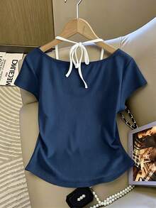 SHEIN 二合一露背性感短袖休闲上衣，夏季 - 霧霾藍 - 查看 2