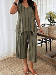 Weeklong Plus Size Women's V-Neck Sleeveless Irregular Hem Top And Straight Leg Pants Striped Print 2-Piece Set, Casual Vacation Wear Spring/Summer - Multicolor - View 5