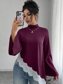 Elenzga 女款優雅浪漫高領喇叭袖對比蕾絲不對稱下擺襯衫，秋季晚餐辦公室外出約會之夜早午餐，粉色與白色 - 酒紅色 - 查看 4