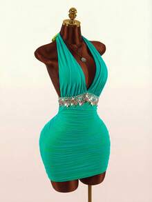 Amplova Nuevo vestido mini de verano para mujer con cuello en V, halter, fruncido y contraste de colores - Azul - Ver 8