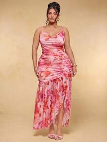 SHEIN BAE Plus Size Women's Pink Floral Floral Elegant Cami Dress,Summer Ruffle Long Party Vacation Dresses,Wedding Guest,Birthday,Graduation Ceremony Outfits - Pink - View 2