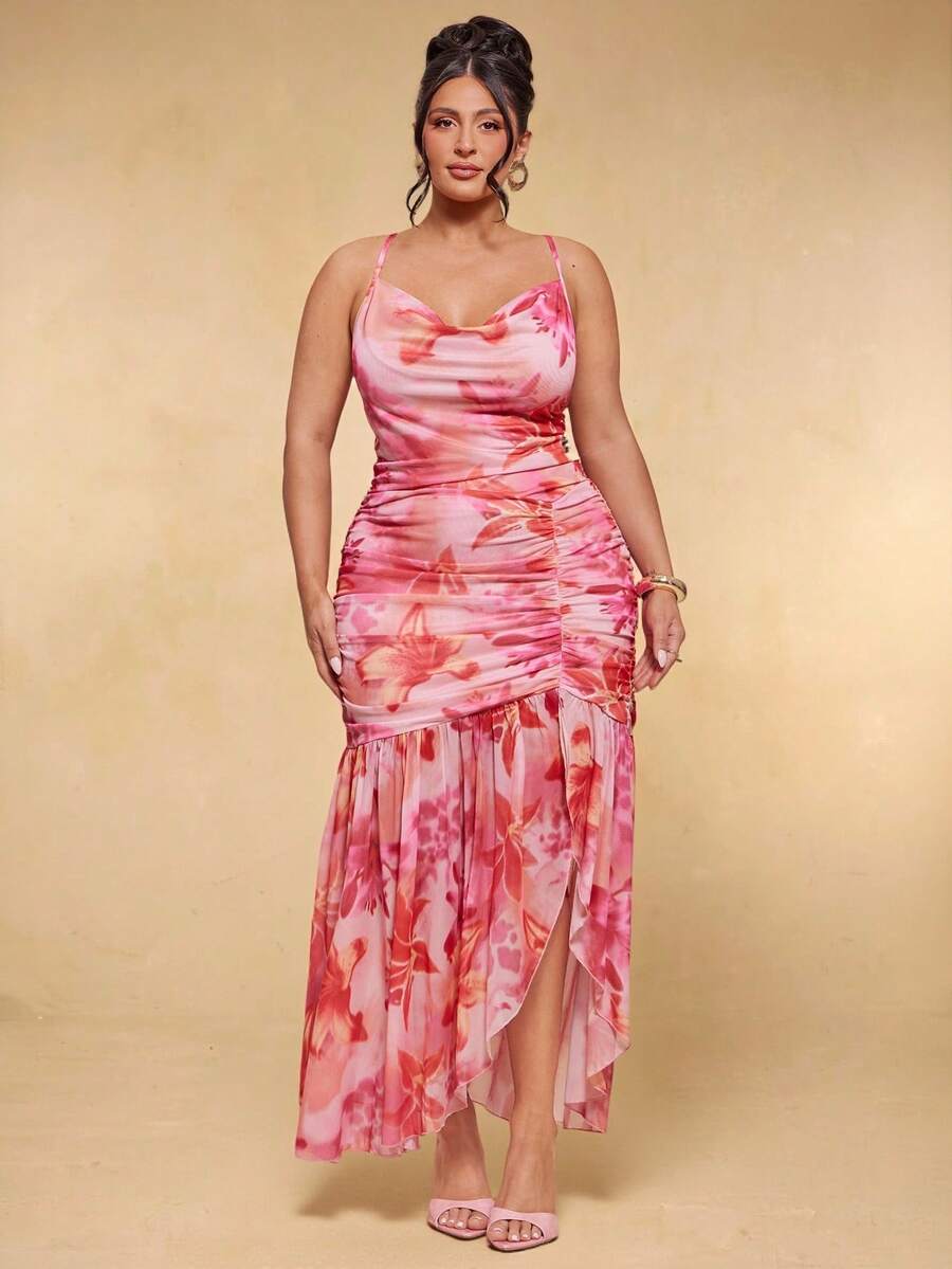 SHEIN BAE Plus Size Women's Pink Floral Floral Elegant Cami Dress,Summer Ruffle Long Party Vacation Dresses,Wedding Guest,Birthday,Graduation Ceremony Outfits