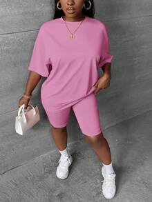 Slaydiva Women's Solid Color Round Neck Simple T-Shirt And Casual Skinny Shorts Set, Suitable For Home And Office - Baby Pink - View 5