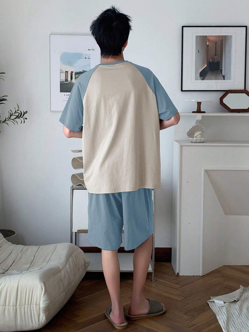 Letter & Print Patchwork Contrast Color Soft Fabric Men's Pajama Set, Summer