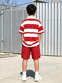 SHEIN Casuvi Kids 两件套男童春夏短袖polo衫和休闲裤套装，时尚针织条纹动物纹印花，舒适宽松版型，带口袋，百搭户外服装 - 彩色 - 查看 2