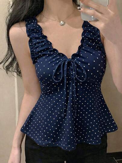 DAZY Women's Summer Polka Dot Allover Print Ruched V-Neck Sleeveless Casual Tank Top