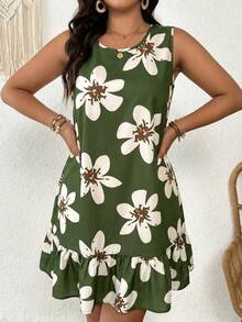 SHEIN Frenchy Plus Size Floral Print Sleeveless Casual Dress Casual Vacation Going Out Floral Print Dress For Women - Green - View 4