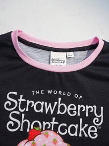 Strawberry Shortcake X SHEIN Set Atasan Lengan Pendek Leher Bulat Motif Huruf & Kartun dan Celana Pendek Warna Kontras untuk Anak Perempuan Remaja - Hitam - View 4