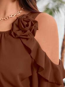 Vionelle Plus Cold Shoulder Ruffle Trim Blouse For Summer New Year - Brown - View 7