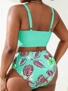 Slaydiva Plus Size Women 2pcs Mint Floral Print Tankini Swimwear Set, Summer Beach Holiday - Multicolor - View 2