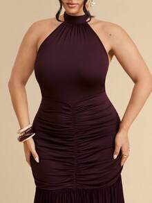SHEIN BAE CURVE 大码女式咖啡棕色露背褶皱时尚连衣裙 - 咖啡棕 - 查看 3