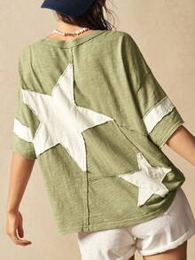 Bohemela Plus Size Women Summer Casual Fashionable Street Daily Commute Contrast Color Star Patch Loose T-Shirt - Army Green - View 2