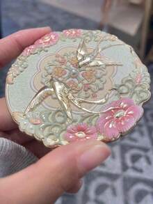 1/2 Pcs Chinese Style Round Makeup Mirror, Enamel Craft Vanity Mirror With Floral And Bird Pattern, Portable Cosmetic Mirror With Protective Sleeve For Home Decor Gift - Multicolor - View 5